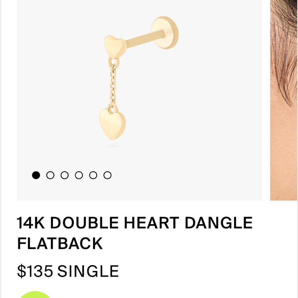 14K DOUBLE HEART DANGLE FLATBACK  NEW